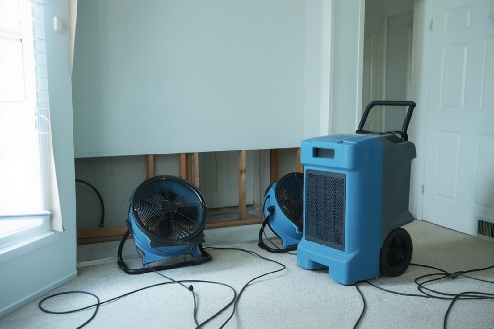 Drying equipment set up along a wall inside a home